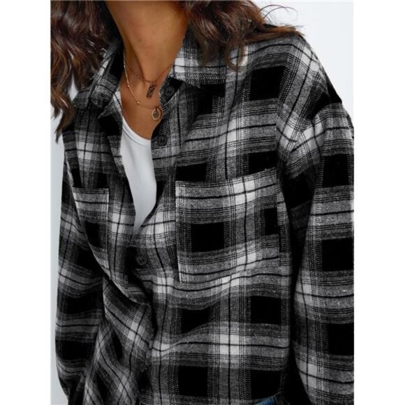 Women's Long Sleeve Flannel Shacket Button-Down Blouse - Plaid Top for Fall - Picture 6 of 7